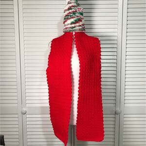 NWT Handmade Crocheted Red Green White Textured Beanie & Scarf 65”